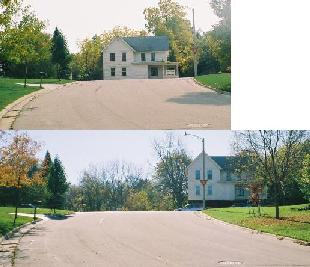 contrasting shots of house seen from Oak Tree Drive before and after the building movers slid it west